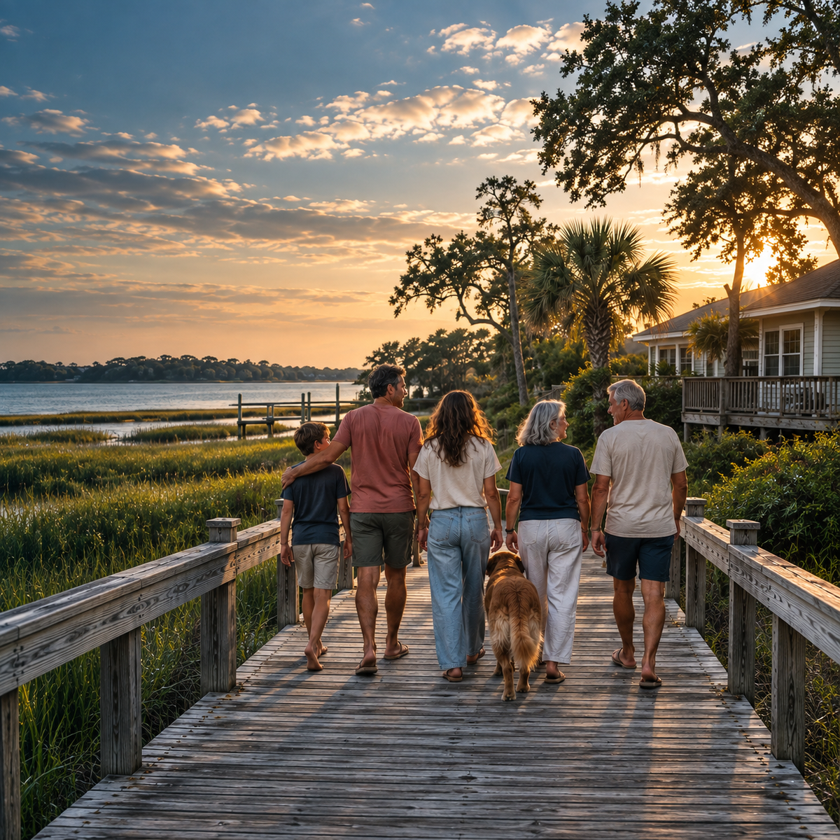 Five family members and their dog walking together on a coastal boardwalk at sunset