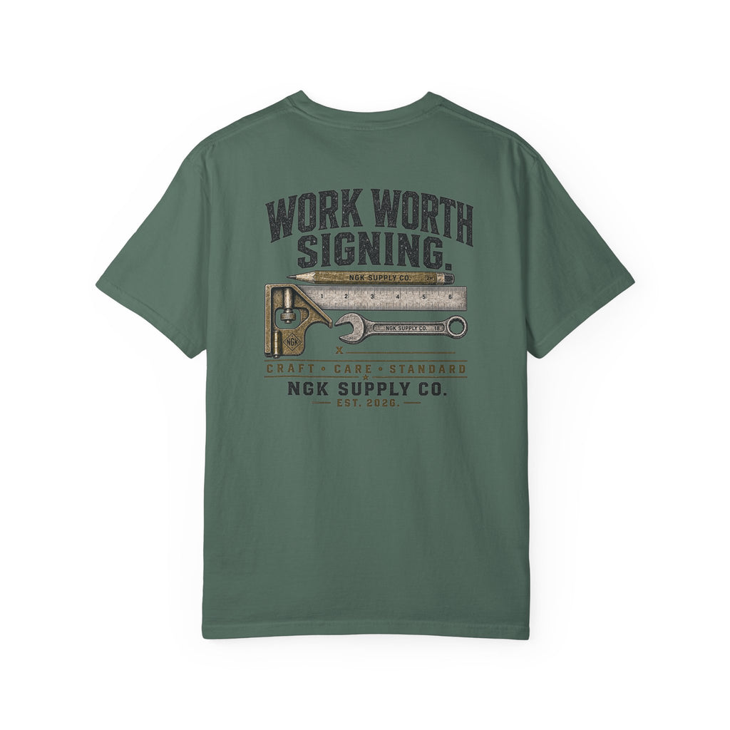 Work Worth Signing T-Shirt — NGK Supply Co. Vintage Tool Graphic