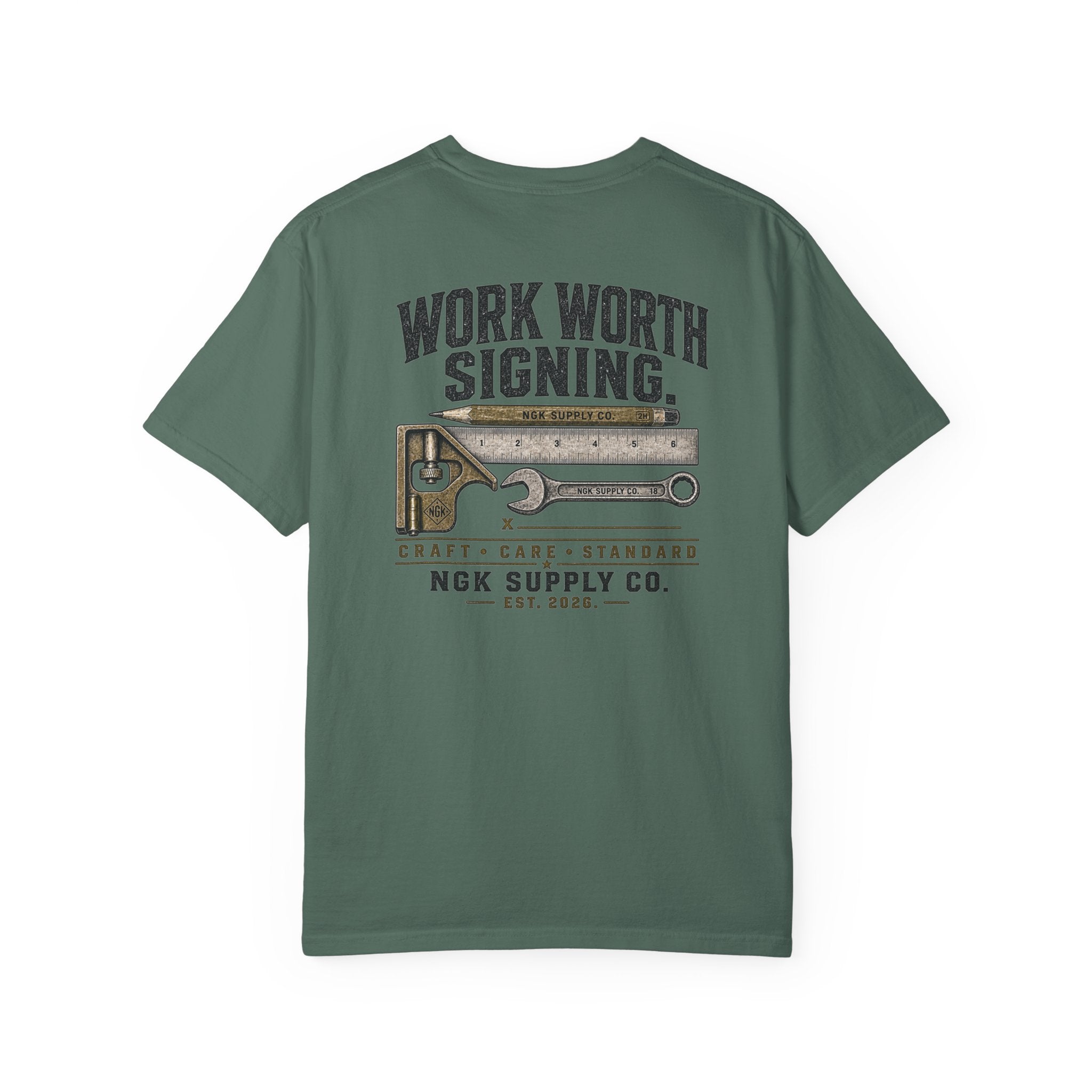 Work Worth Signing T-Shirt — NGK Supply Co. Vintage Tool Graphic
