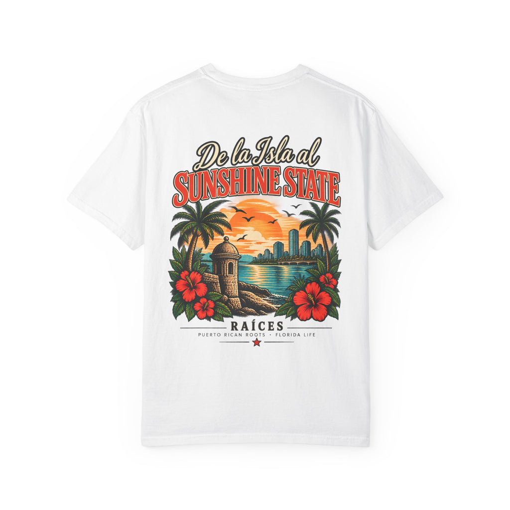 Sunshine State Retro Beach T-Shirt — 'De la Isla al Sunshine State' Floral Graphic