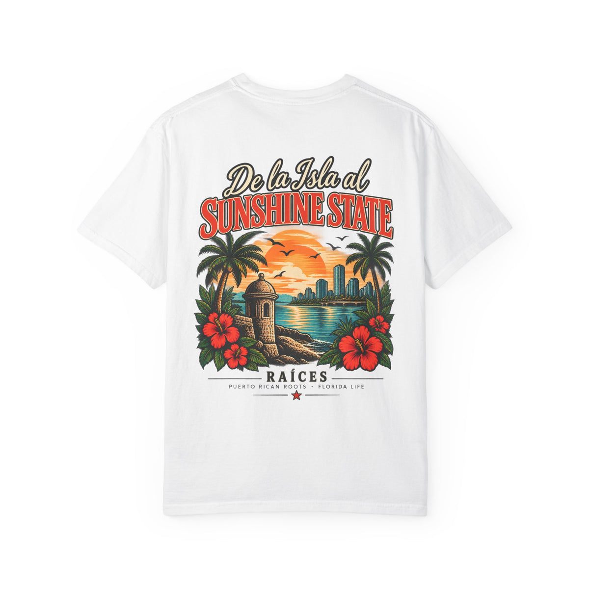 Sunshine State Retro Beach T-Shirt — 'De la Isla al Sunshine State' Floral Graphic