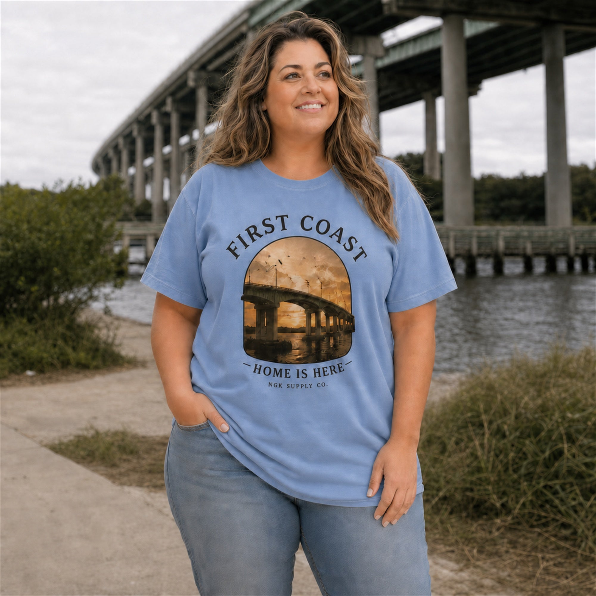 First Coast T-Shirt — Vintage Bridge "Home Is Here" Coastal Tee
