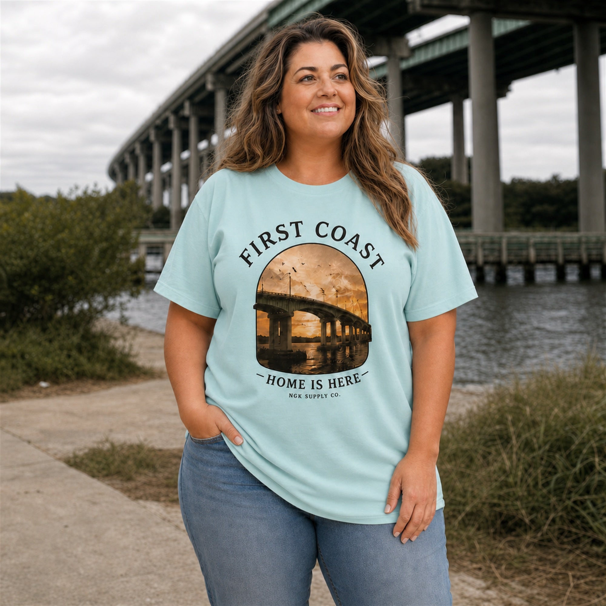 First Coast T-Shirt — Vintage Bridge "Home Is Here" Coastal Tee