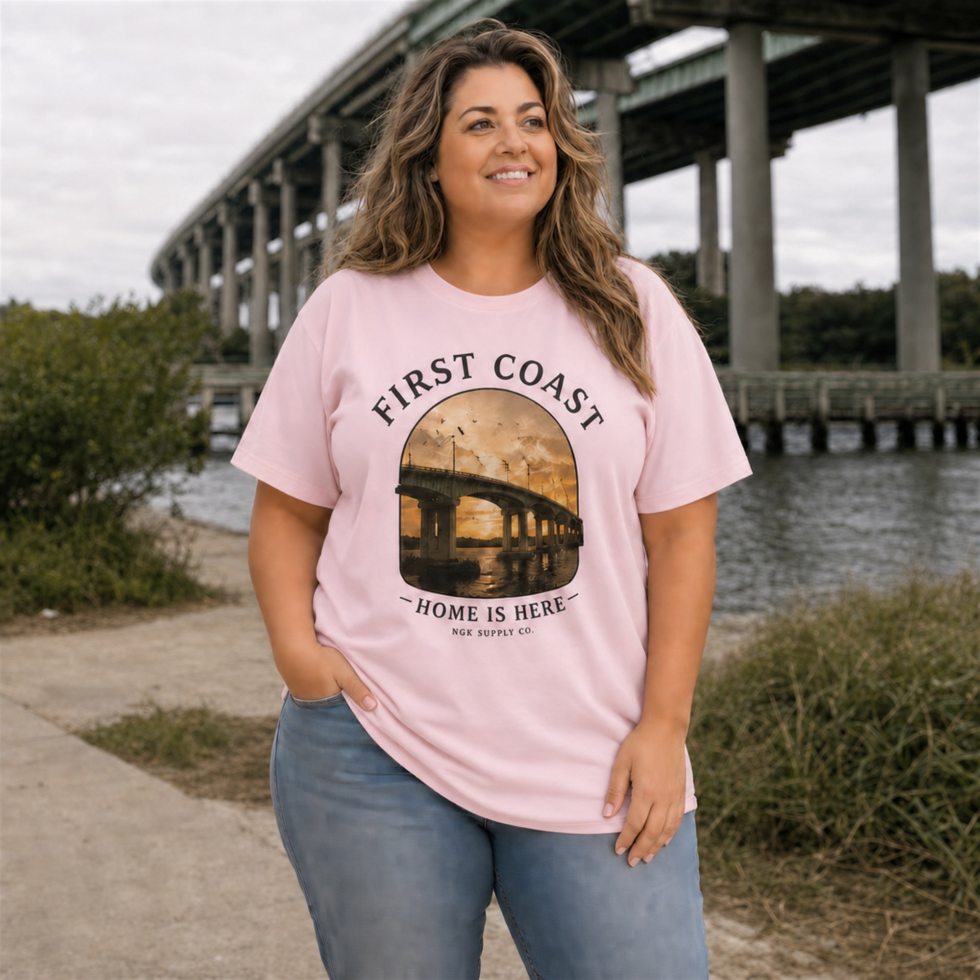 First Coast T-Shirt — Vintage Bridge "Home Is Here" Coastal Tee