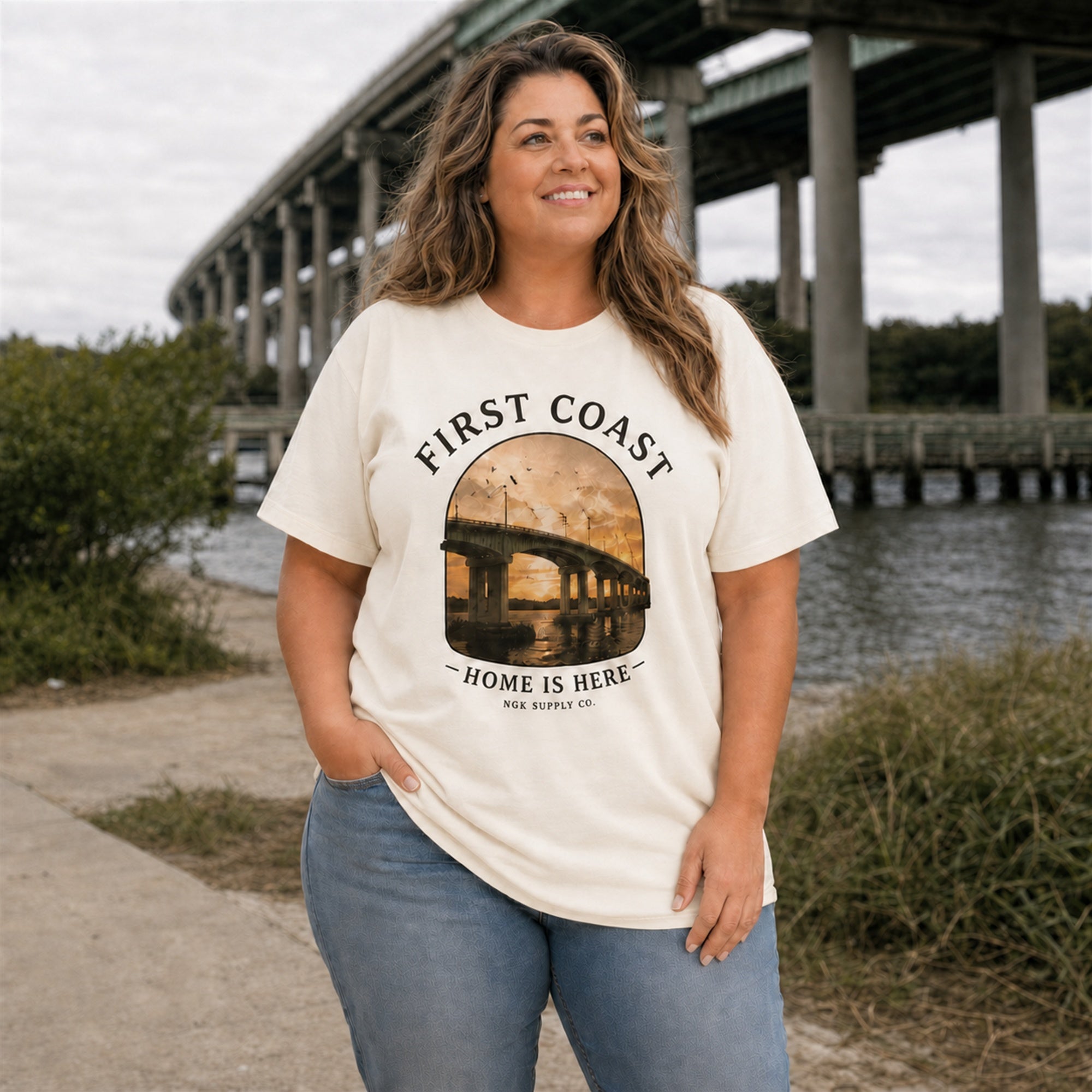 First Coast T-Shirt — Vintage Bridge "Home Is Here" Coastal Tee