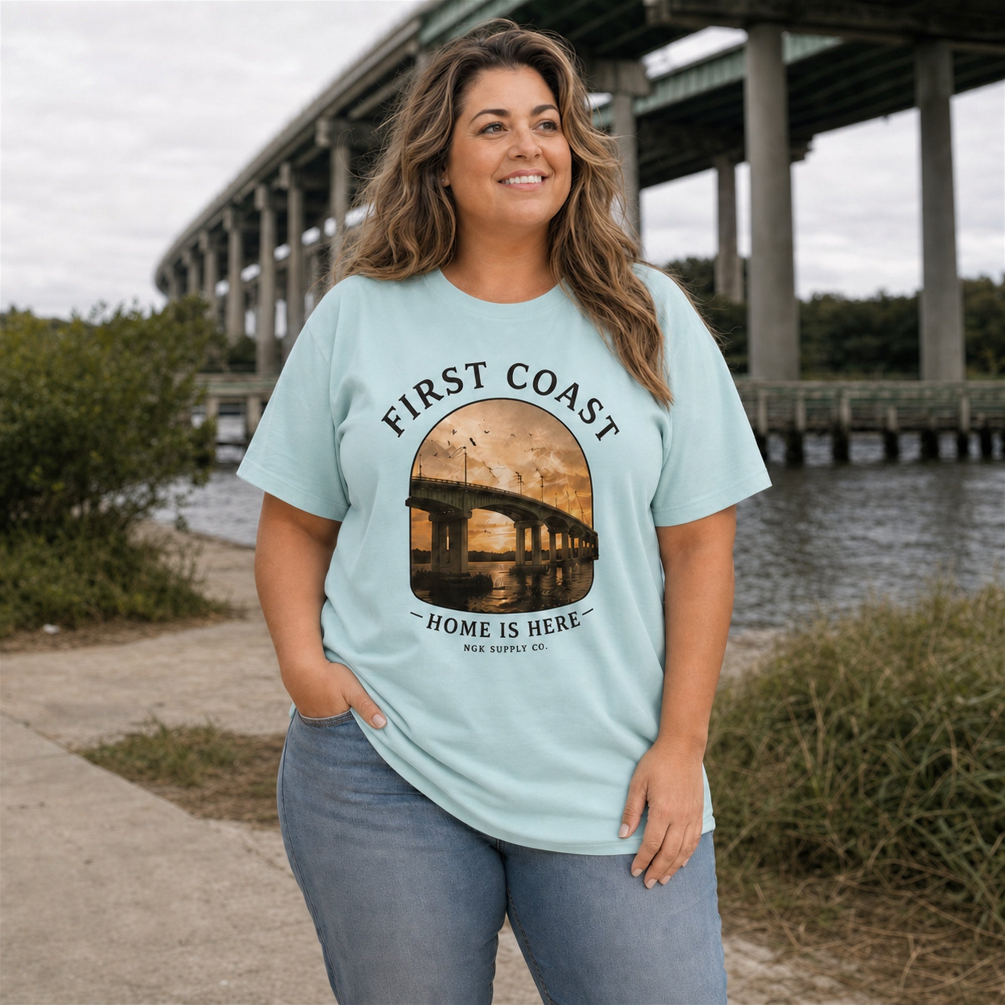 First Coast T-Shirt — Vintage Bridge "Home Is Here" Coastal Tee