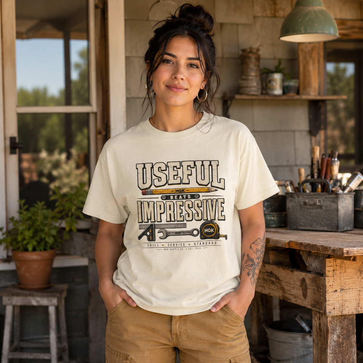 A woman wearing a cream-colored graphic t-shirt with the text 'USEFUL AND IMPRESSIVE' and a toolbox design, standing in a rustic workshop environment.