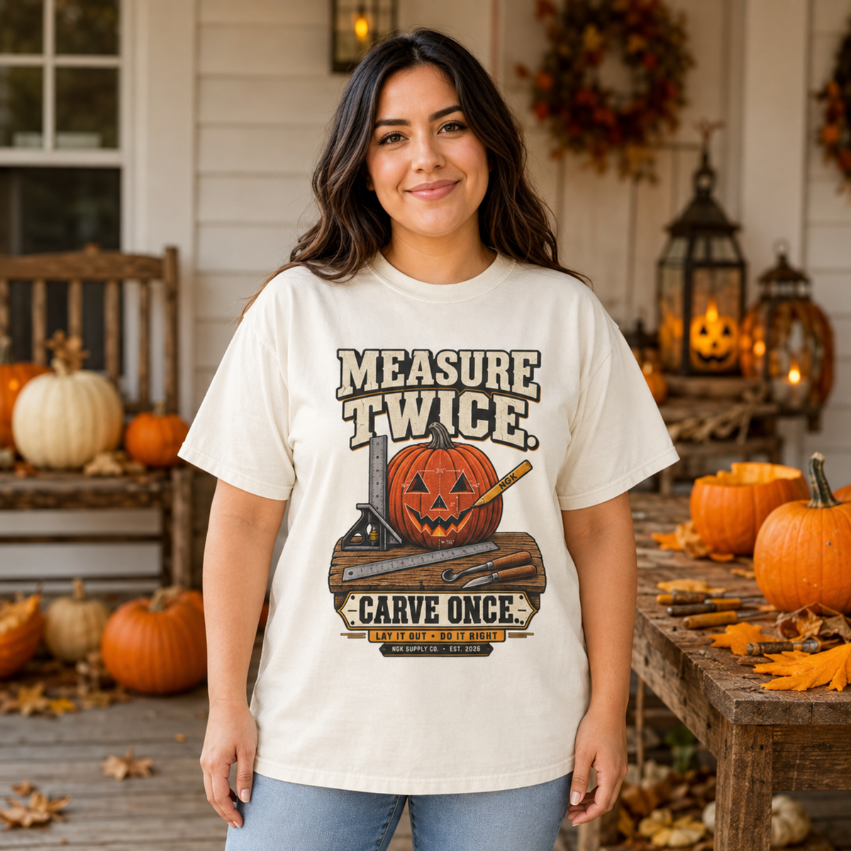 A woman stands on a decorated front porch wearing a cream graphic T-shirt with a Halloween-themed design that reads 'MEASURE TWICE. CARVE ONCE.