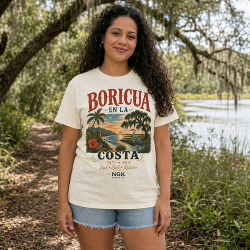 A woman wearing a cream-colored graphic t-shirt with a tropical 'Boricua en La Costa' design, standing outdoors on a wooded path near a body of water.