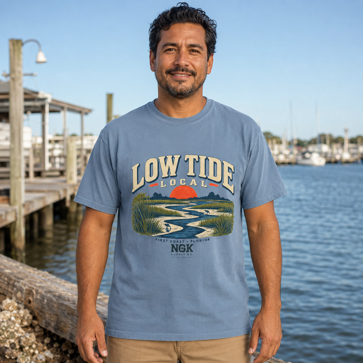 A man wearing a light blue graphic t-shirt with 'LOW TIDE LOCAL' and a river landscape print, standing by a waterfront dock with boats in the background.