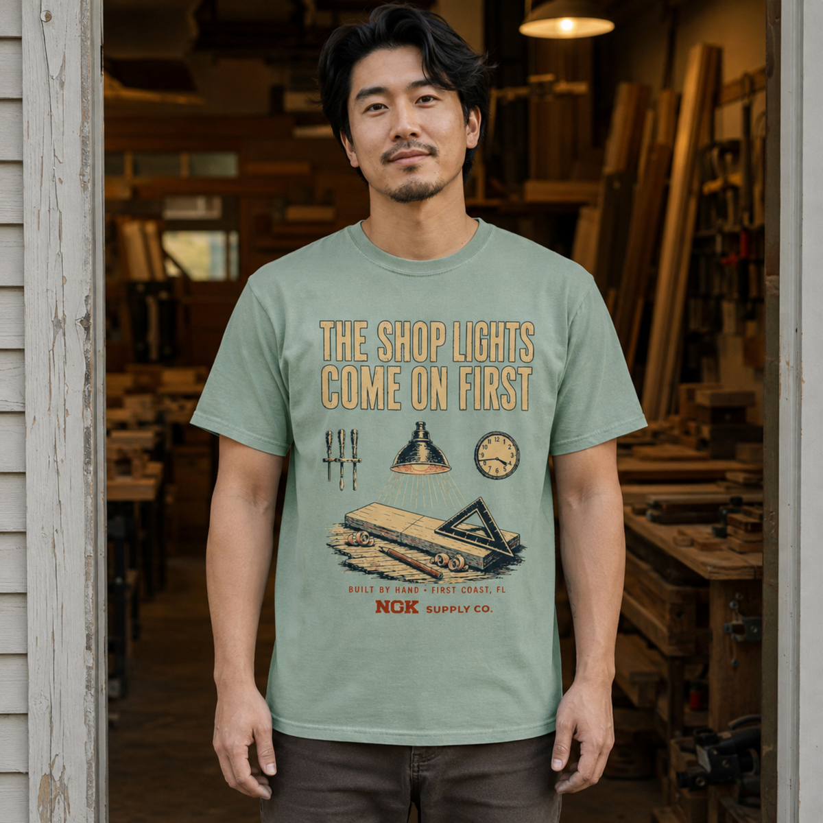 A man wearing a sage green graphic t-shirt with a vintage-style woodshop print, standing in a real workshop environment.