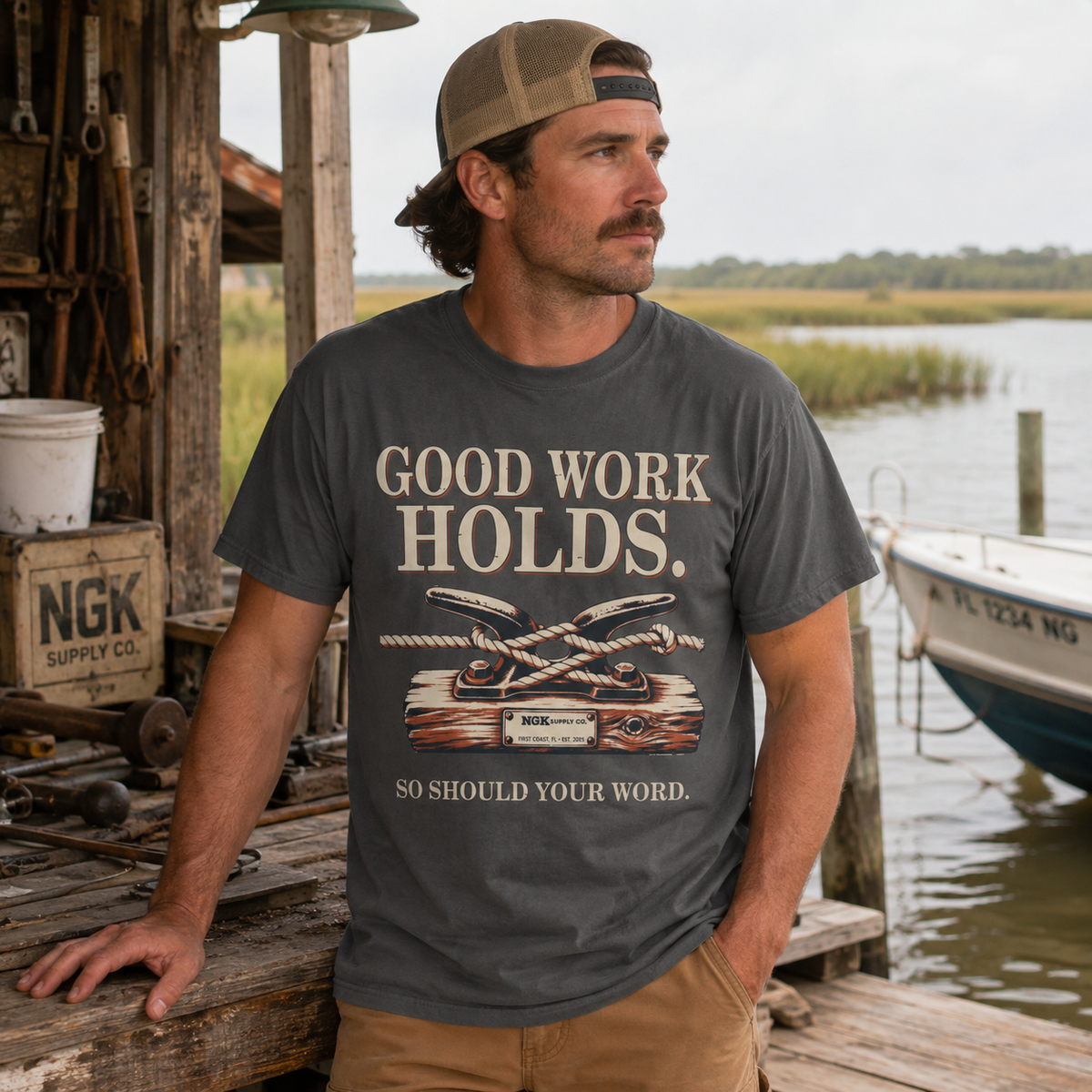 A man wearing a dark gray graphic t-shirt with the text 'GOOD WORK HOLDS. SO SHOULD YOUR WORD.