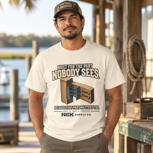 A man wearing a beige t-shirt with a rustic nautical graphic that reads 'BUILT FOR THE PART. NOBODY SEES.