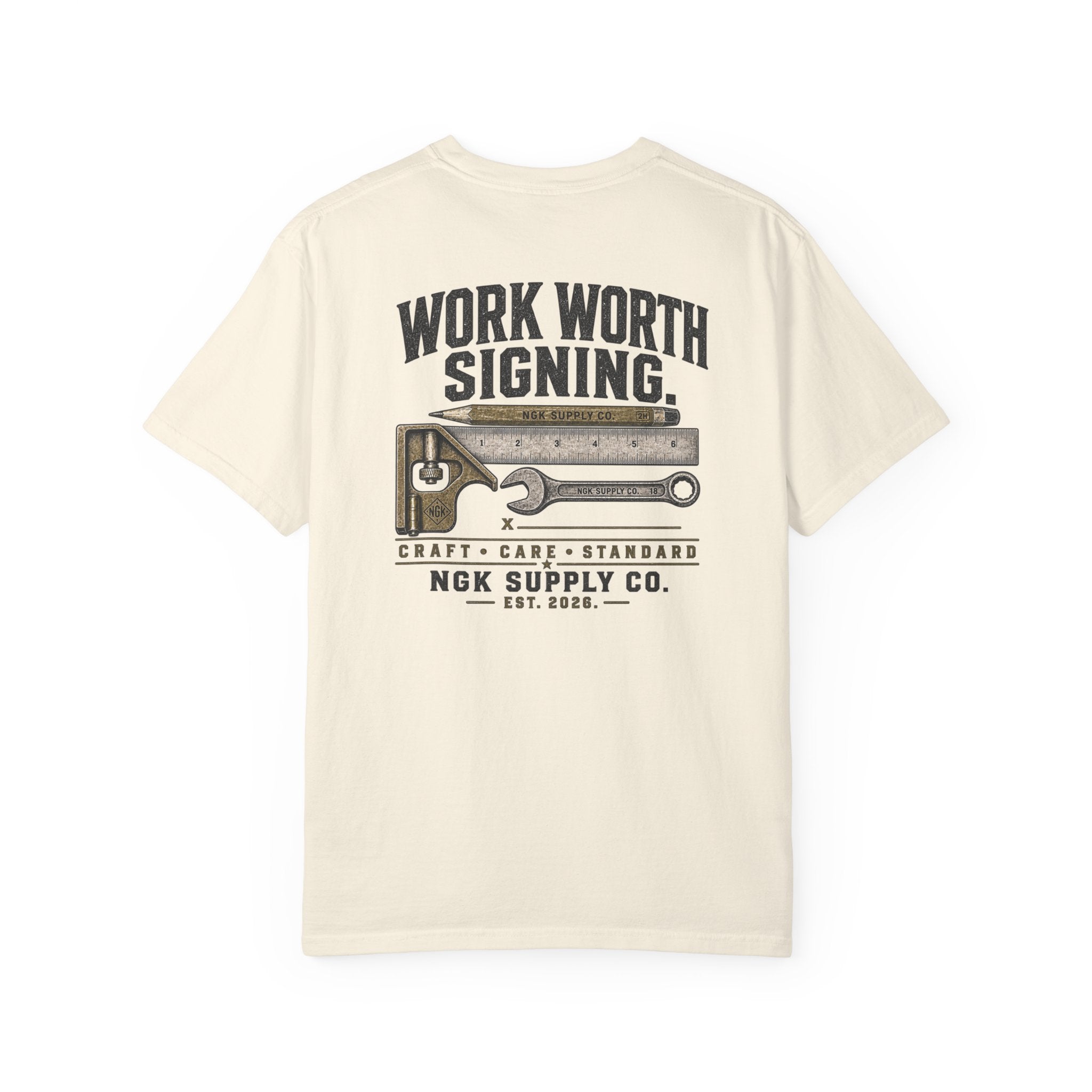 Work Worth Signing T-Shirt — NGK Supply Co. Vintage Tool Graphic