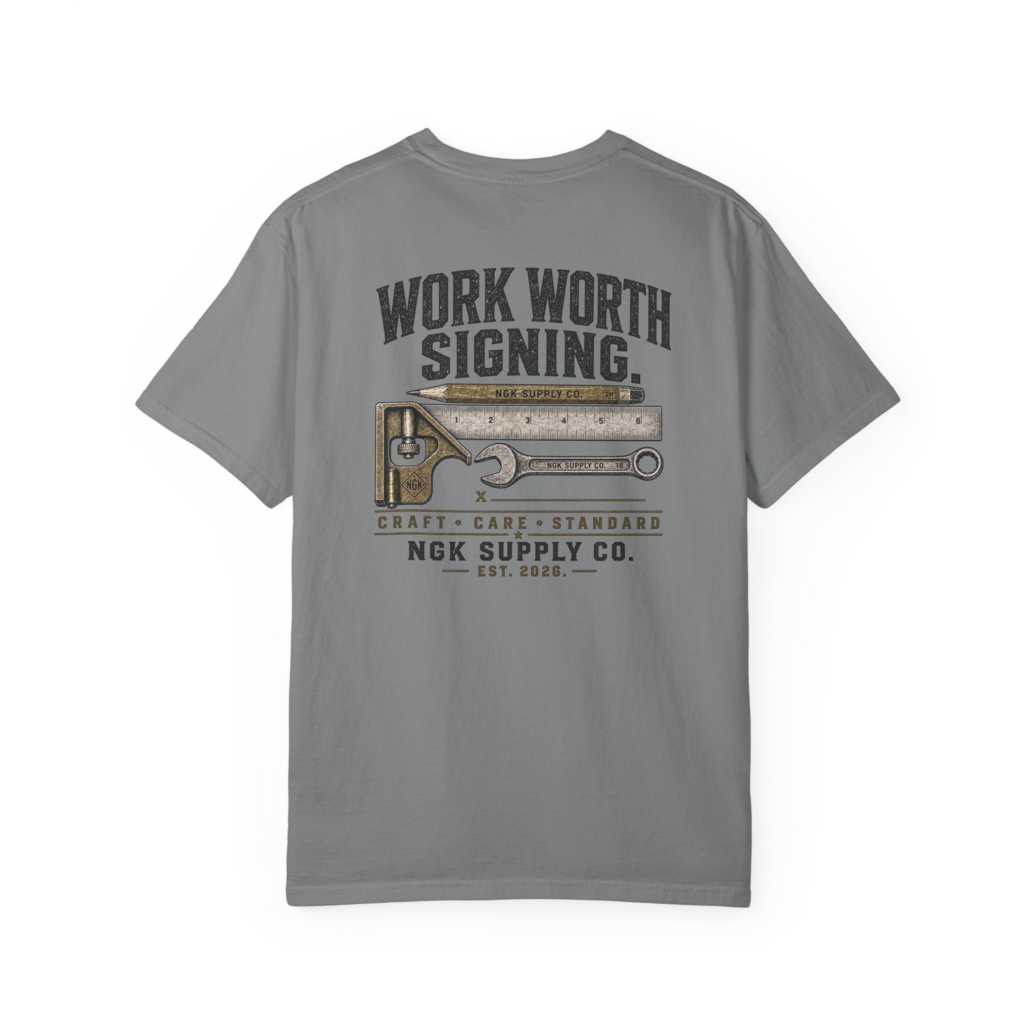 Work Worth Signing T-Shirt — NGK Supply Co. Vintage Tool Graphic